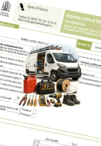 Furgoneta rotulada de electricista autónomo con herramientas y el modelo 303 de fondo, ilustrando los gastos deducibles del vehículo en el IRPF